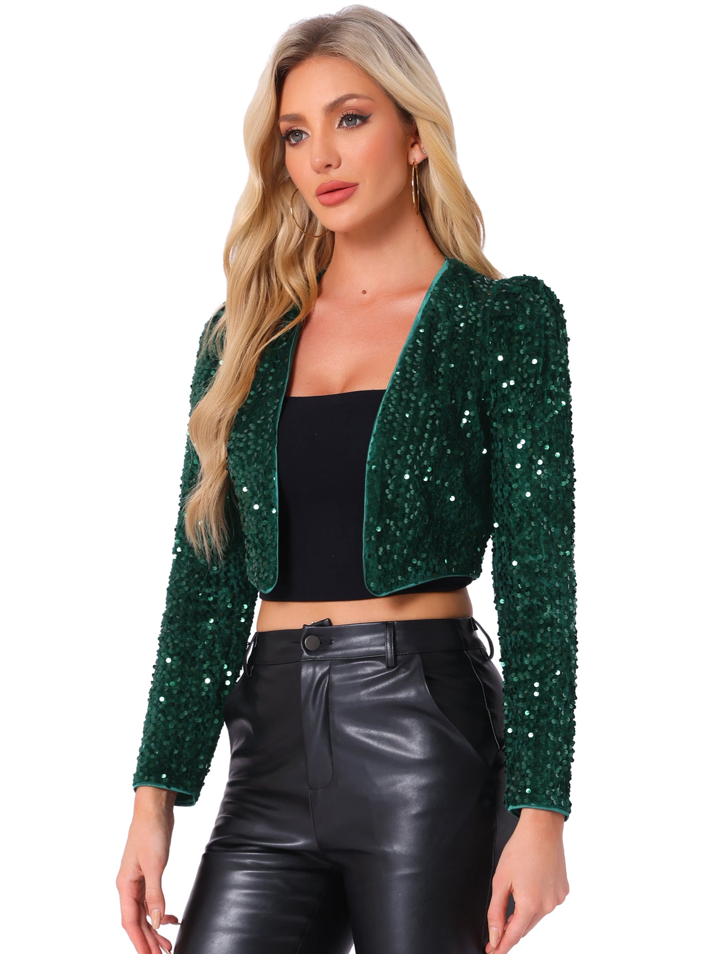 Allegra K Sequin Shrug Open Front Collarless Sparkly Crop Blazer Jacket