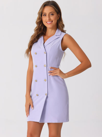 Sleeveless Notched Lapel Double Breasted Belted Office Blazer Dress