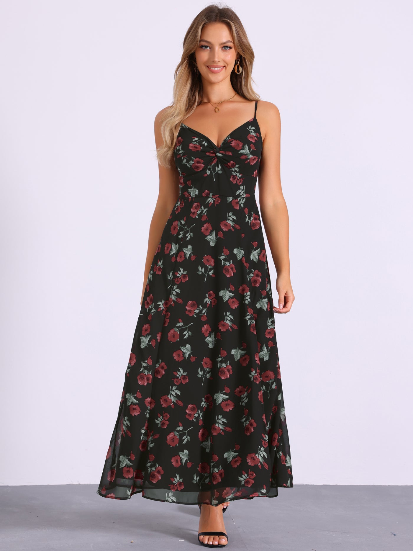 Allegra K Spaghetti Strap Floral Smock Slit Elegant Maxi Dress Sundress