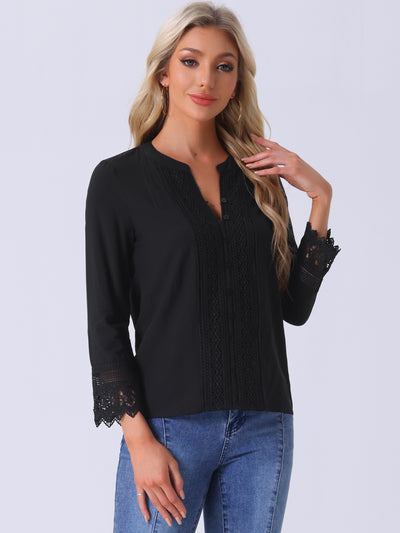 Boho Half Button Placket Long Sleeve Lace Crochet Blouses