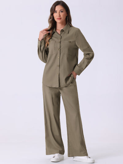 Allegra K 2 Piece Linen Button Down Shirt & Drawstring Wide Leg Pants Set