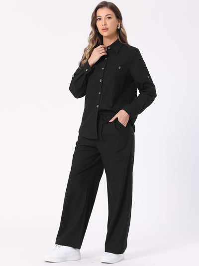 2 Piece Linen Button Down Shirt & Drawstring Wide Leg Pants Set