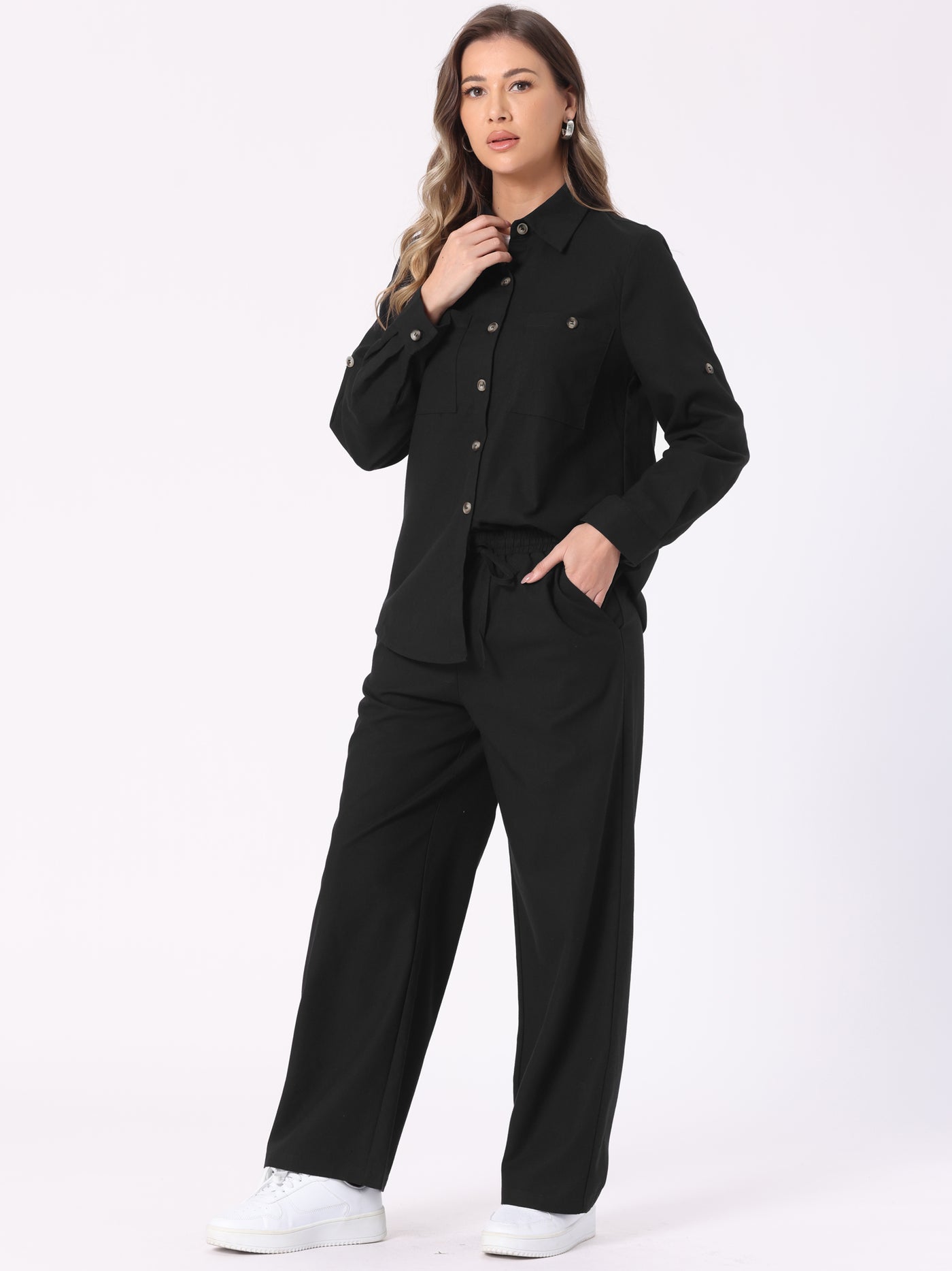 Allegra K 2 Piece Linen Button Down Shirt & Drawstring Wide Leg Pants Set