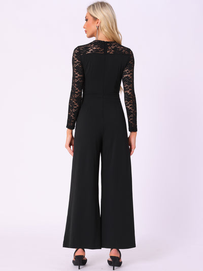 Crew Neck Mesh Lace Sleeve Wide Leg Jumpsuit