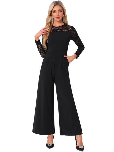 Crew Neck Mesh Lace Sleeve Wide Leg Jumpsuit