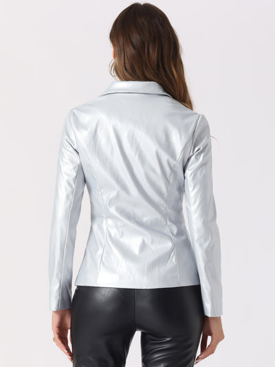 Faux Leather Jacket Notched Lapel Single-Breasted Blazer Coat