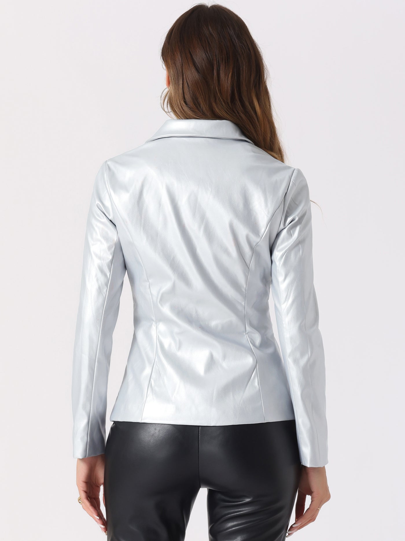 Allegra K Faux Leather Jacket Notched Lapel Single-Breasted Blazer Coat