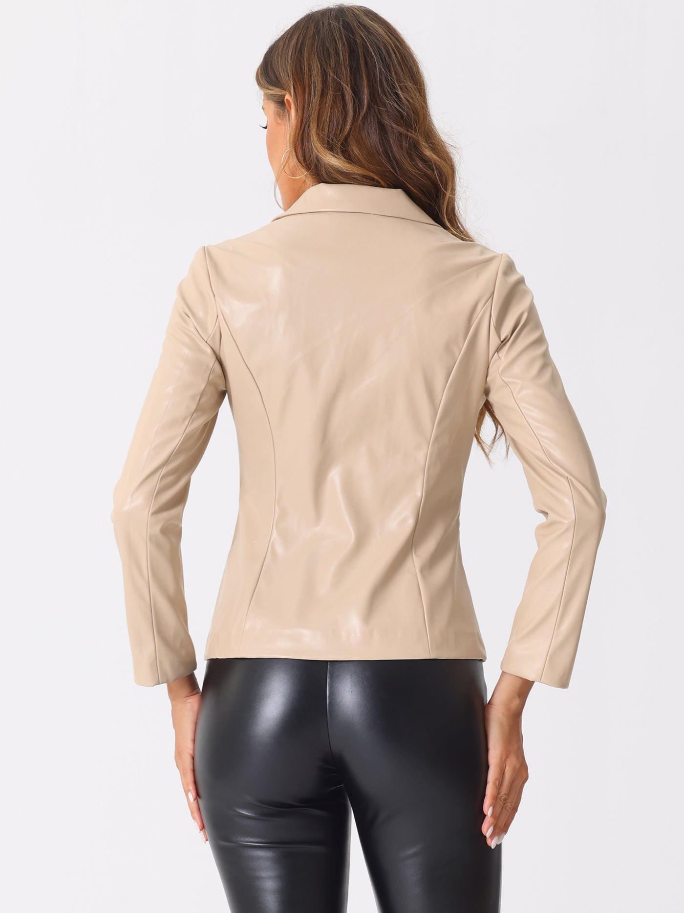 Allegra K Faux Leather Jacket Notched Lapel Single-Breasted Blazer Coat