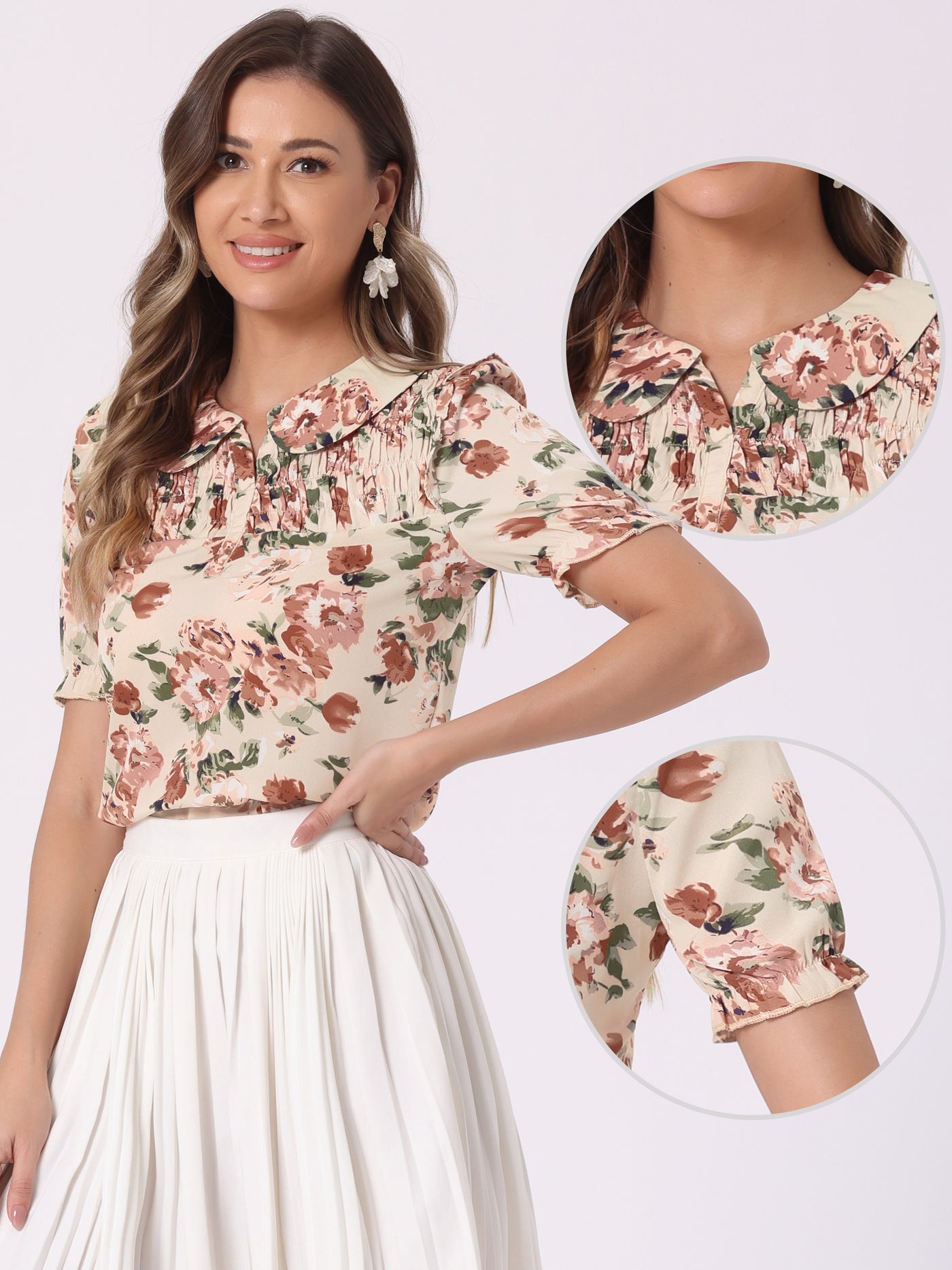 Allegra K Peter Pan Collar Puff Short Sleeve Ruffle Smocked Floral Blouse