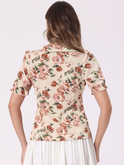 Peter Pan Collar Puff Short Sleeve Ruffle Smocked Floral Blouse