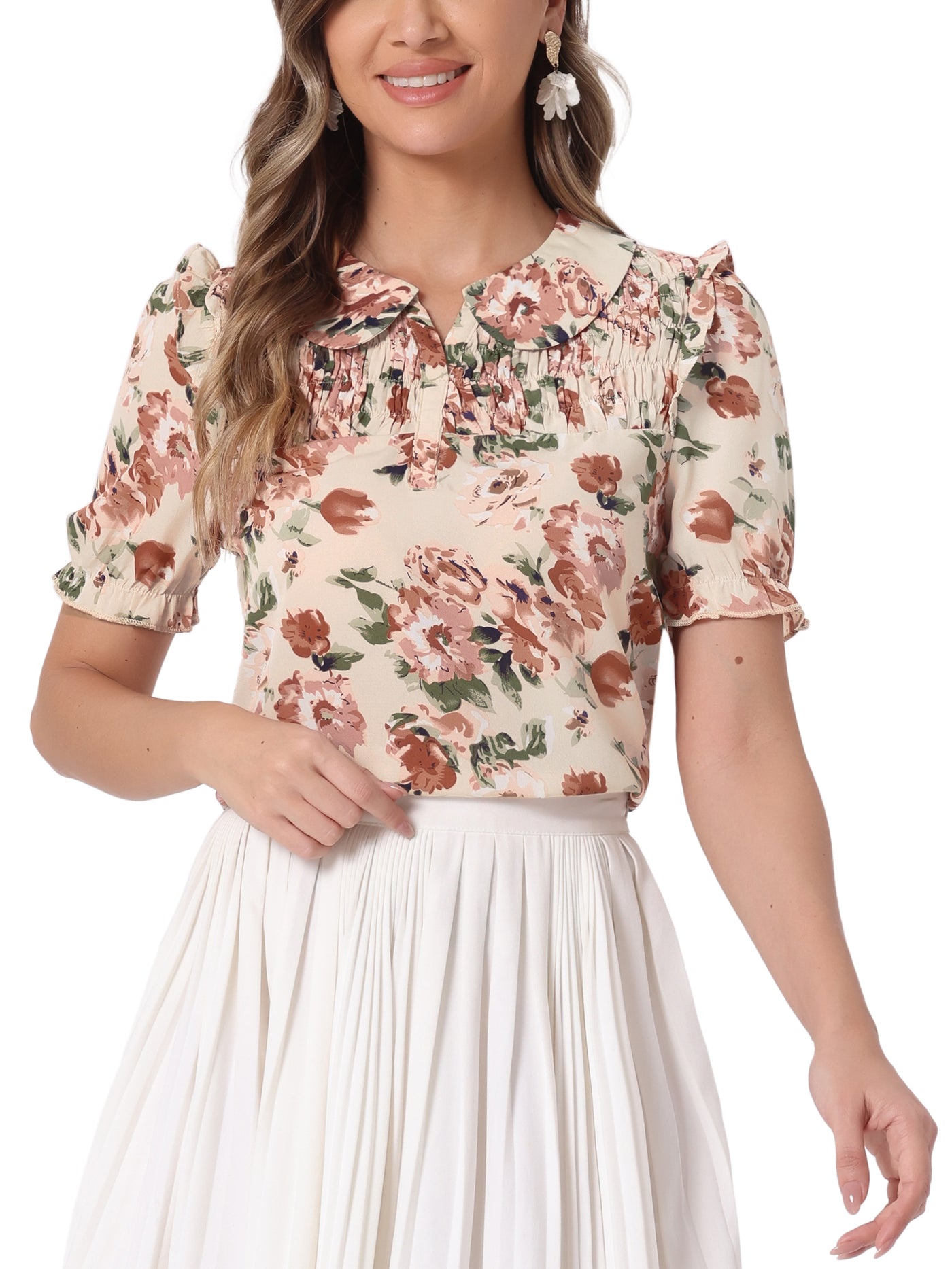 Allegra K Peter Pan Collar Puff Short Sleeve Ruffle Smocked Floral Blouse