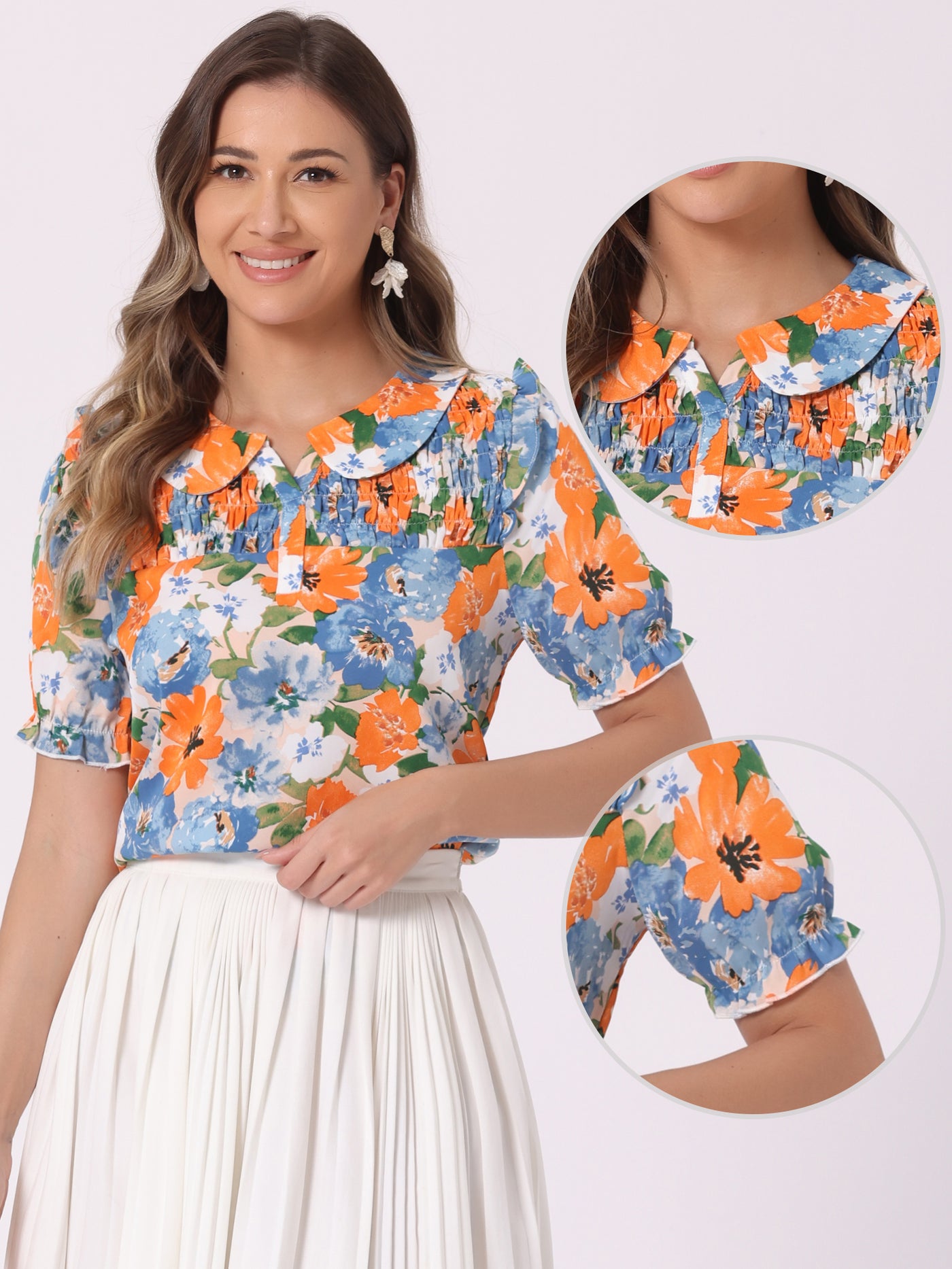 Allegra K Peter Pan Collar Puff Short Sleeve Ruffle Smocked Floral Blouse