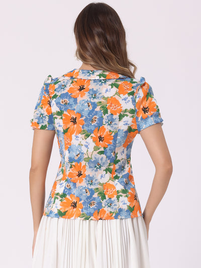 Peter Pan Collar Puff Short Sleeve Ruffle Smocked Floral Blouse