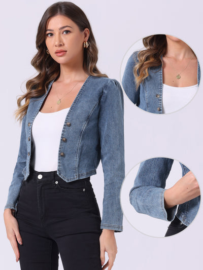 Collarless Open Front Casual Crop Denim Jacket