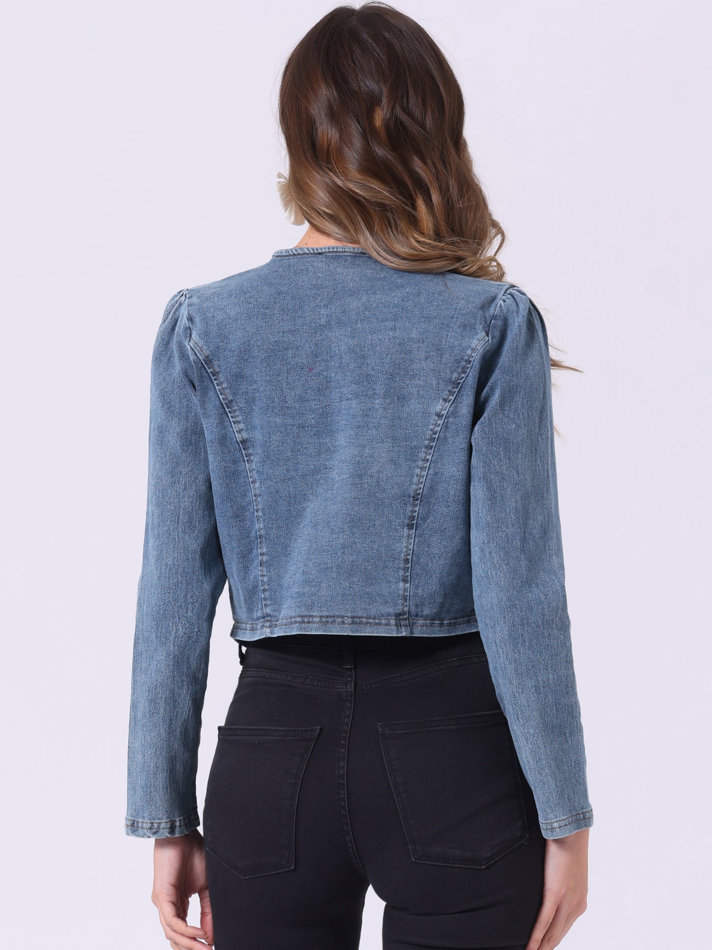 Allegra K Collarless Open Front Casual Crop Denim Jacket