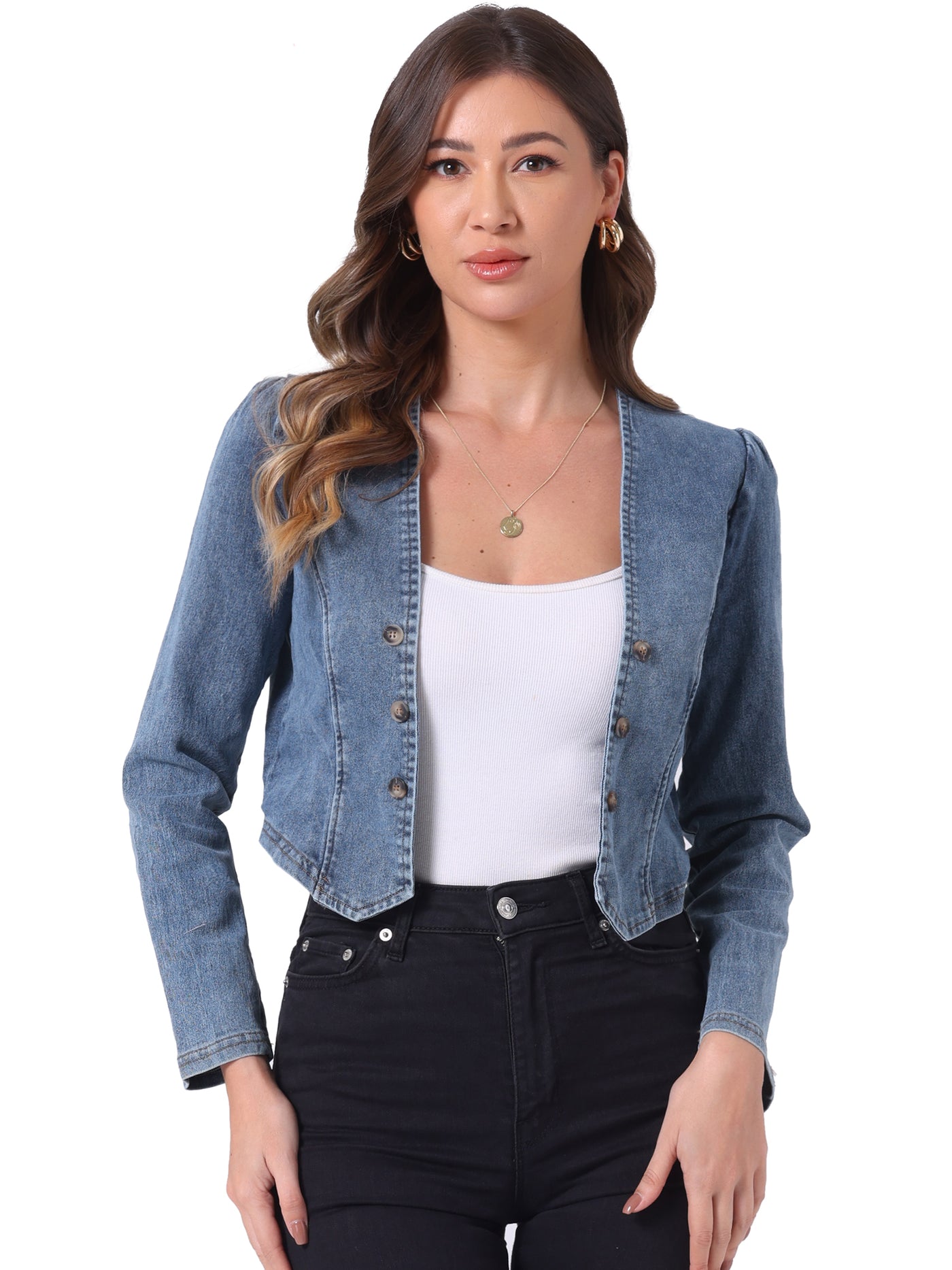 Allegra K Collarless Open Front Casual Crop Denim Jacket