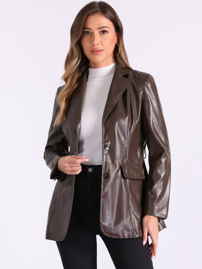 Faux Leather Button Down Notched Lapel Tie Waist Blazer Jackets