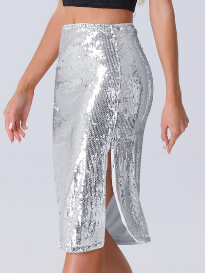 Glitter Sequin Side Slit High Waist Midi Pencil Skirt