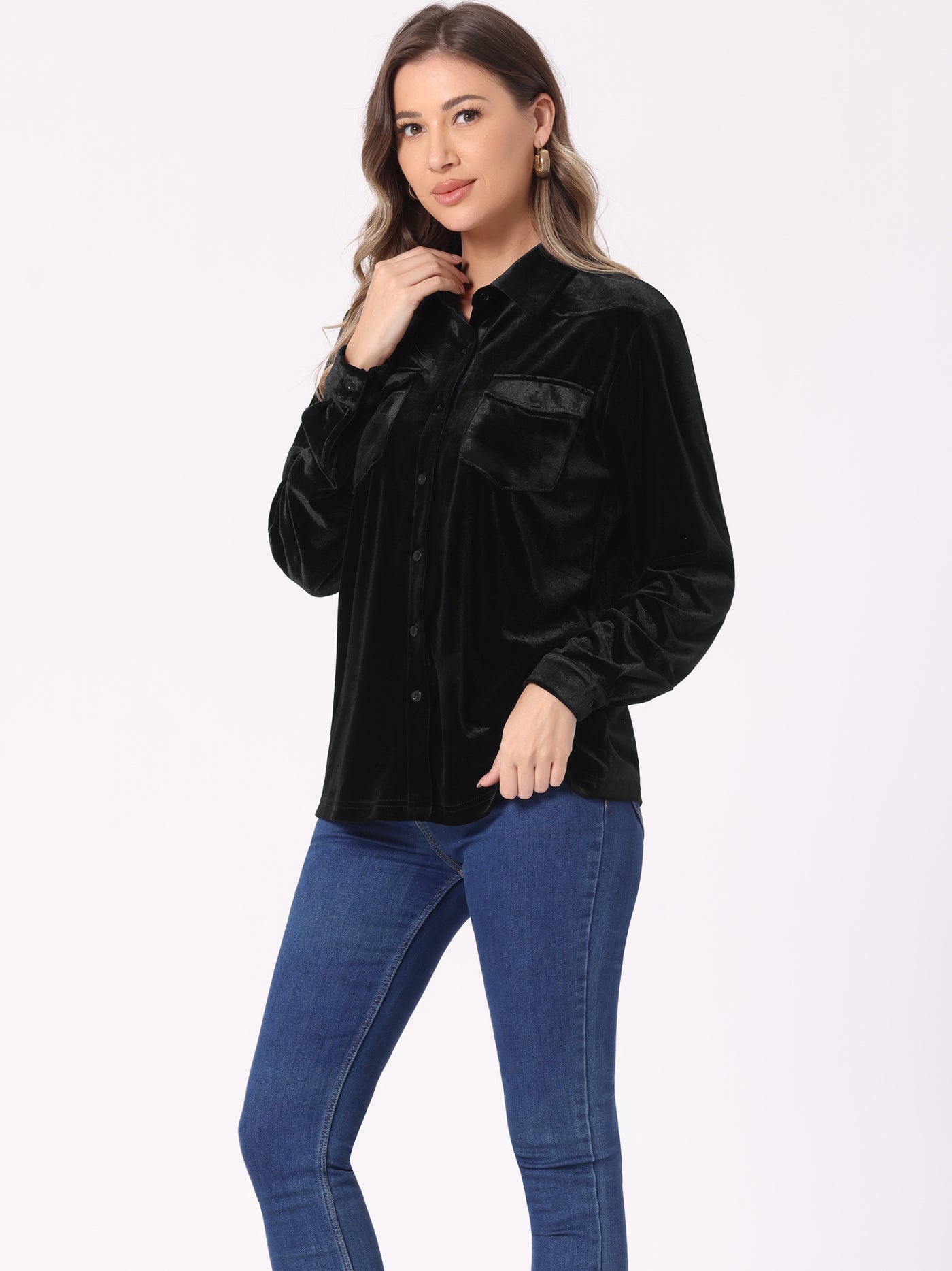 Allegra K Velvet Long Sleeve Winter Button Down Casual Shirt