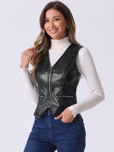 Faux Leather V Neck Sleeveless Zipper Motorcycle Biker Waistcoat Vest