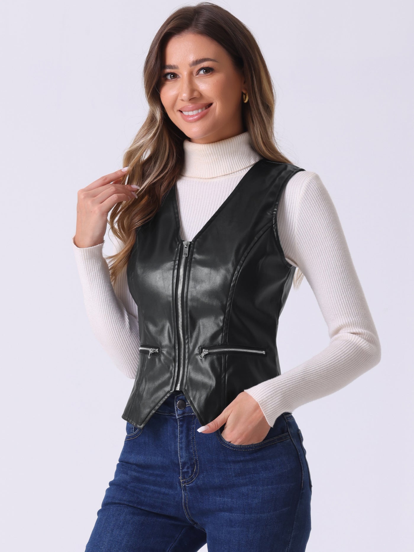 Allegra K Faux Leather V Neck Sleeveless Zipper Motorcycle Biker Waistcoat Vest