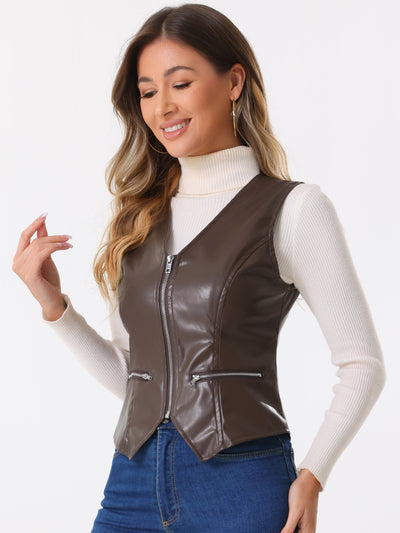 Faux Leather V Neck Sleeveless Zipper Motorcycle Biker Waistcoat Vest