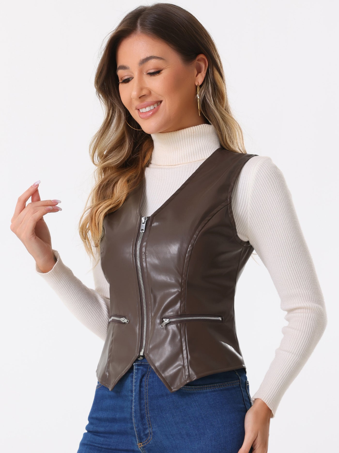 Allegra K Faux Leather V Neck Sleeveless Zipper Motorcycle Biker Waistcoat Vest