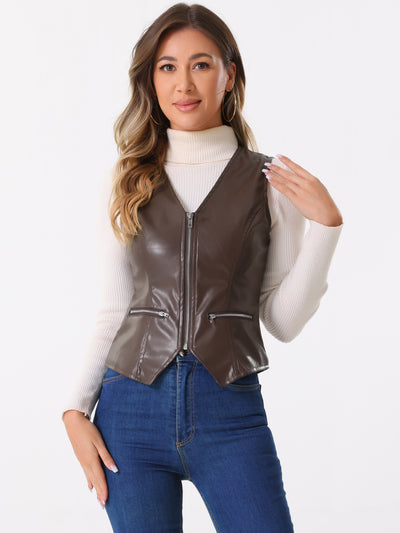 Faux Leather V Neck Sleeveless Zipper Motorcycle Biker Waistcoat Vest