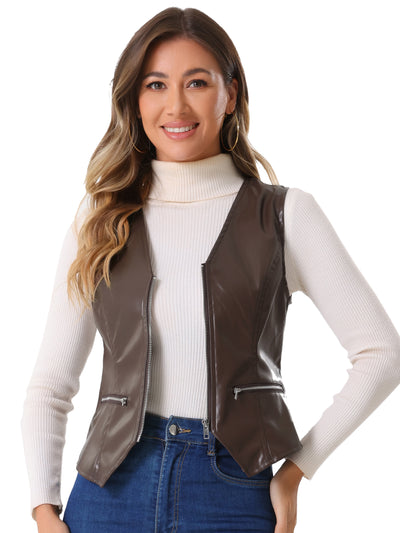 Faux Leather V Neck Sleeveless Zipper Motorcycle Biker Waistcoat Vest