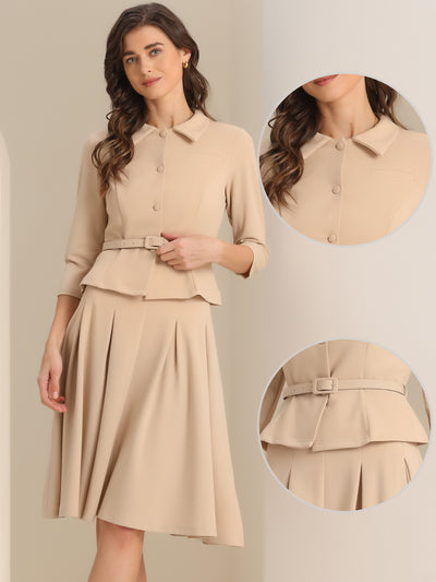 2 Piece 3/4 Sleeve Cropped Belted Blazer and Pleated Skirt Business Suit Sets