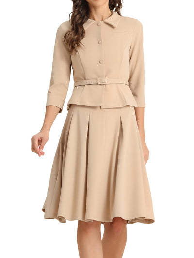 2 Piece 3/4 Sleeve Cropped Belted Blazer and Pleated Skirt Business Suit Sets