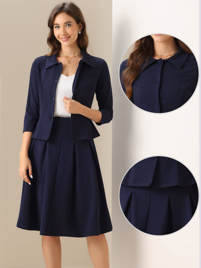 2 Piece 3/4 Sleeve Cropped Belted Blazer and Pleated Skirt Business Suit Sets