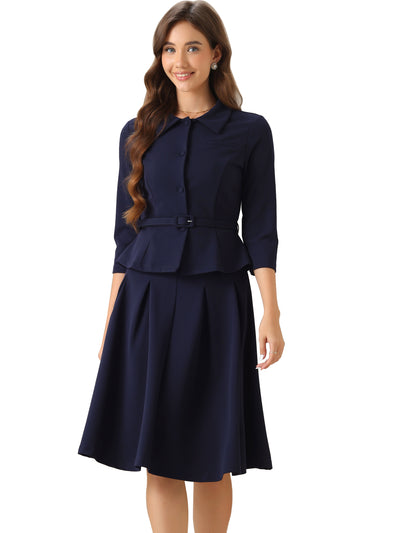 2 Piece 3/4 Sleeve Cropped Belted Blazer and Pleated Skirt Business Suit Sets