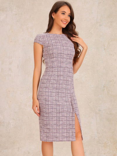 Tweed Crew Neck Cap Sleeve Midi Sheath Dress