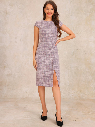 Tweed Crew Neck Cap Sleeve Midi Sheath Dress