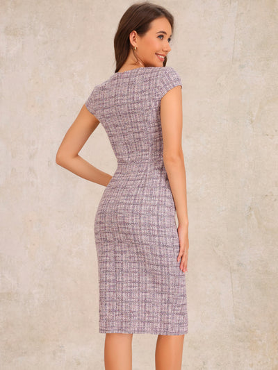 Tweed Crew Neck Cap Sleeve Midi Sheath Dress