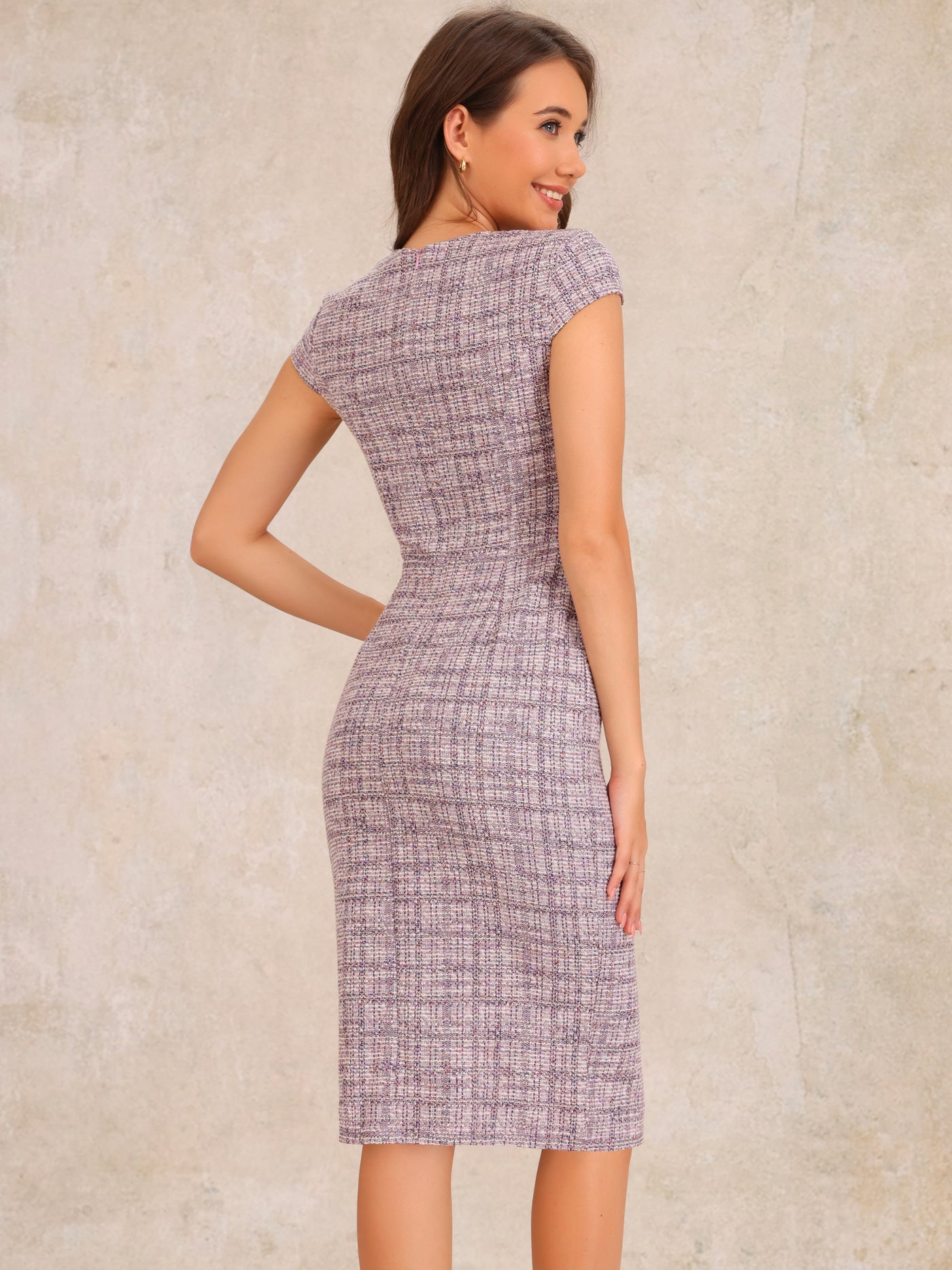 Allegra K Tweed Crew Neck Cap Sleeve Midi Sheath Dress