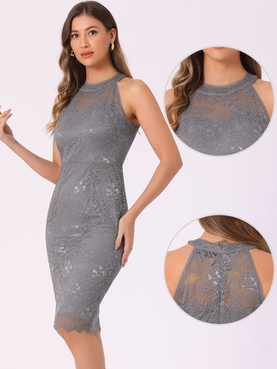 Lace Halter Elegant Sleeveless Bodycon Wedding Cocktail Sheath Dress