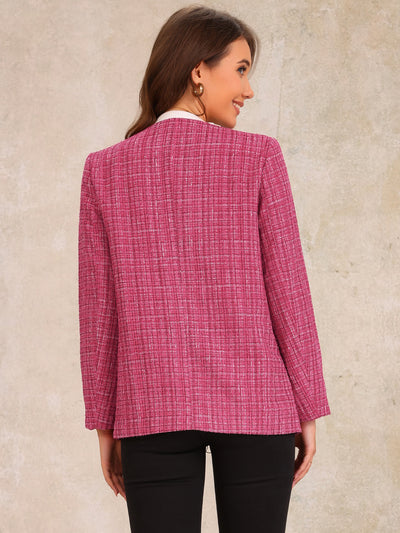 Tweed Plaid Collarless Button Down Pocketed Jacket