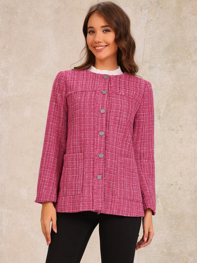 Tweed Plaid Collarless Button Down Pocketed Jacket