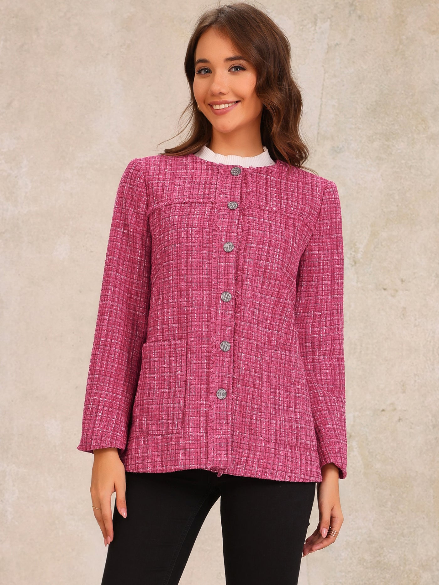 Allegra K Tweed Plaid Collarless Button Down Pocketed Jacket