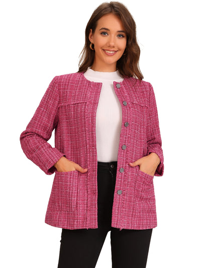 Tweed Plaid Collarless Button Down Pocketed Jacket