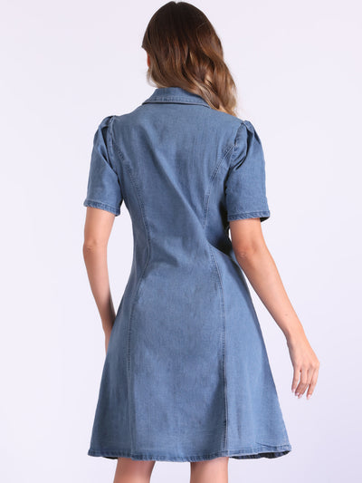 Denim Puff Sleeve Buttton Down Collared A-Line Jean Dress