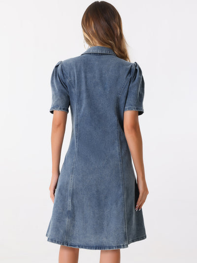 Denim Puff Sleeve Buttton Down Collared A-Line Jean Dress