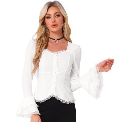 Vintage Flare Bell Sleeve Lace Button Decor Blouse