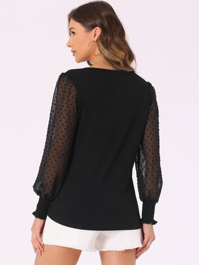 Mesh Sheer Swiss Dots Long Sleeve Casual Blouse