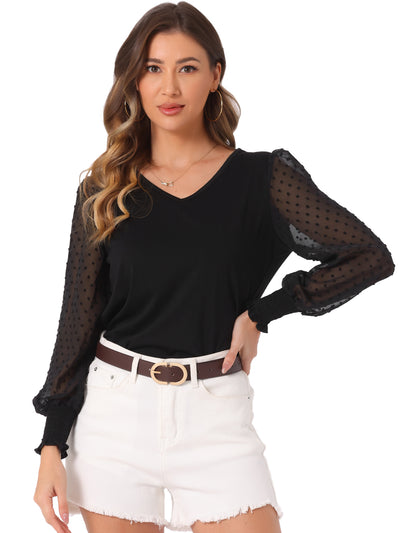 Mesh Sheer Swiss Dots Long Sleeve Casual Blouse