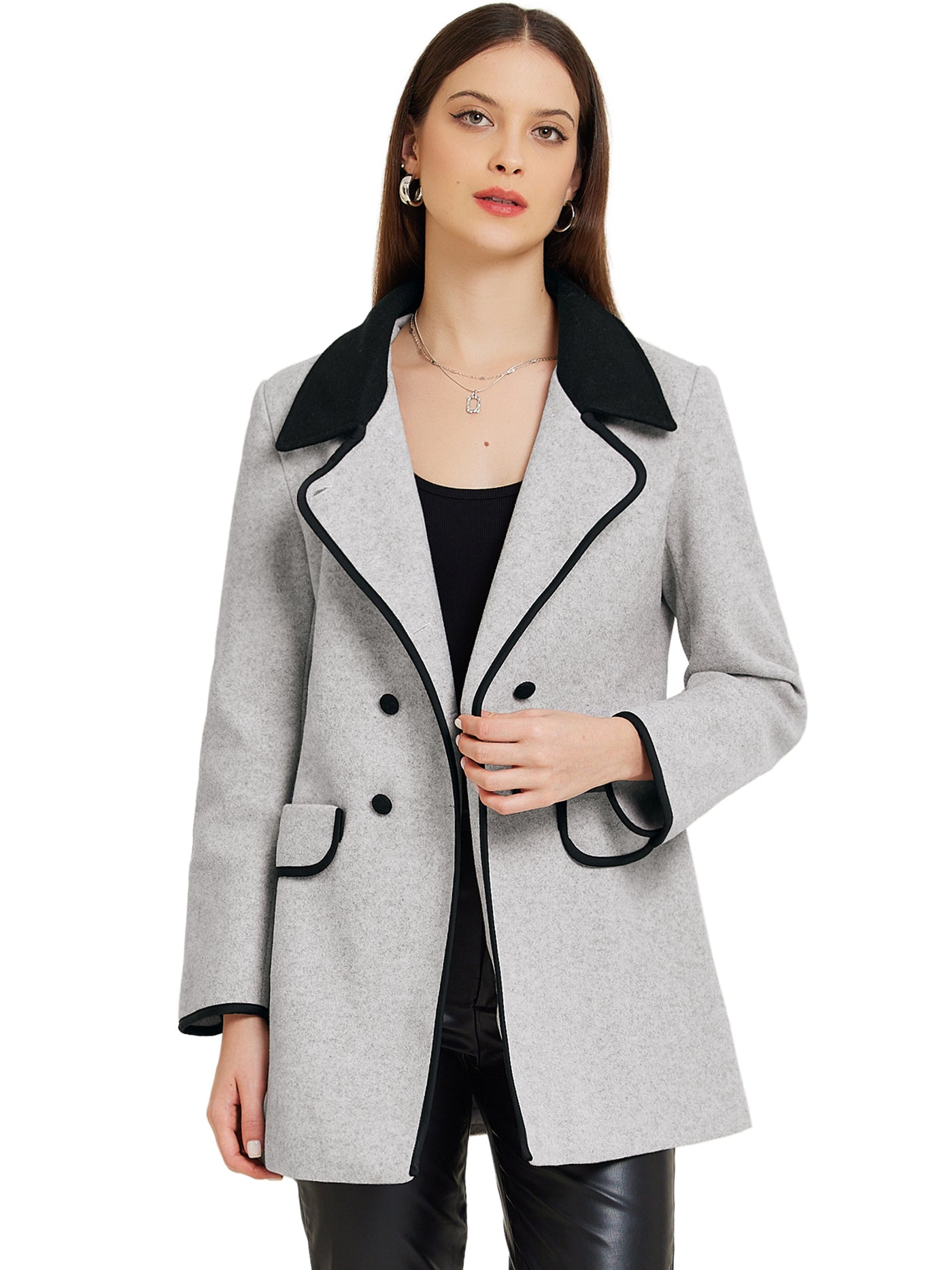 Allegra K Double Breasted Collar Pockets Long Sleeve Casual Winter Pea Coat