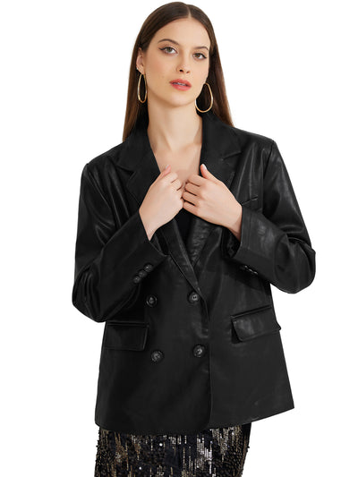 Faux Leather Pockets Notched Lapel Work Casual Blazer Jacket