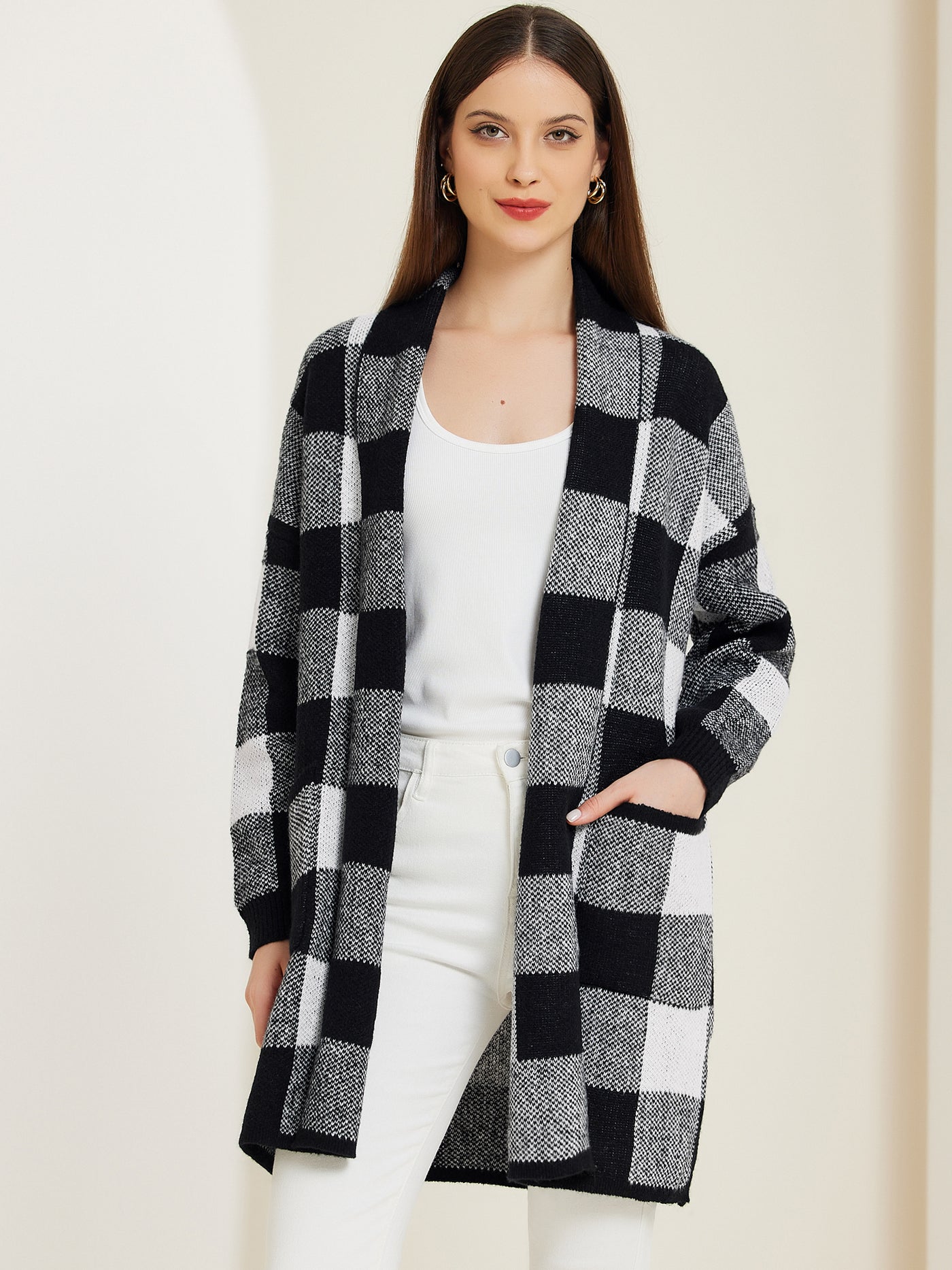 Allegra K Plaid Long Sleeve Pocket Open Front Casual Winter Sweater Cardigan